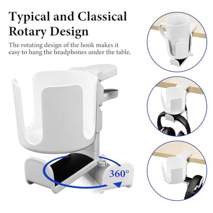 GEEKRIA 2 in 1 Headphone Hanger&Desk Cup Holder, Under Desk Clamp Rotatable Headset Compatible with Sennheiser, Bose, Beats, Razer, HyperX, Sony, Suitable for Coffee Mugs, Water Cups (White) - color: White