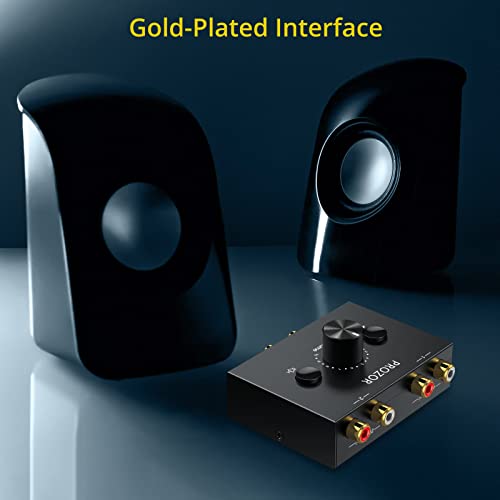 PROZOR RCA Stereo Audio Switcher - 2 in 1 Out R/L Stereo Audio Switch, 1 in 2 Out Stereo Audio Switcher Selector with Mute Button and No External Power Required (Black 2-1) | RCA L/R Stereo Switch with Volume Control, Mute Button, Passive Design and No Ex