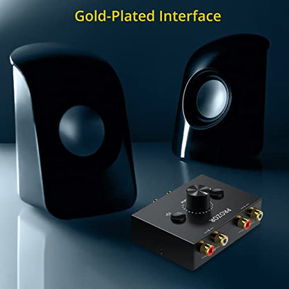 PROZOR RCA Stereo Audio Switcher - 2 in 1 Out R/L Stereo Audio Switch, 1 in 2 Out Stereo Audio Switcher Selector with Mute Button and No External Power Required (Black 2-1) | RCA L/R Stereo Switch with Volume Control, Mute Button, Passive Design and No Ex