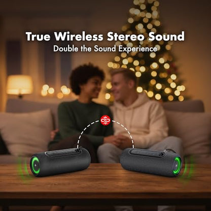 Fisher Portable Bluetooth Speakers IPX5 Waterproof Speaker, 14W Peak Power | Stereo Bluetooth Speaker, RGB Lights, TWS, BT 5.3, Built-in Mic, Hands Free Calling Speakers Bluetooth Wireless, Use Anywhere - color: Black