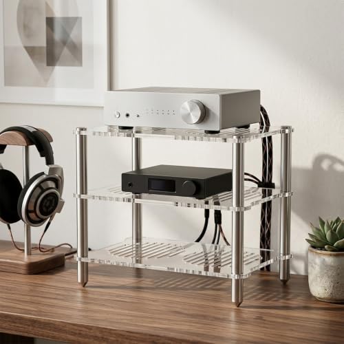 Stereo Stand, 3-Tier Desktop Open Audio Rack | Metal Frame, Cut-out Acrylic Shelf, Heat Dissipation Feature for Office Living Room