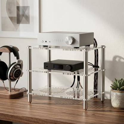 Stereo Stand, 3-Tier Desktop Open Audio Rack | Metal Frame, Cut-out Acrylic Shelf, Heat Dissipation Feature for Office Living Room
