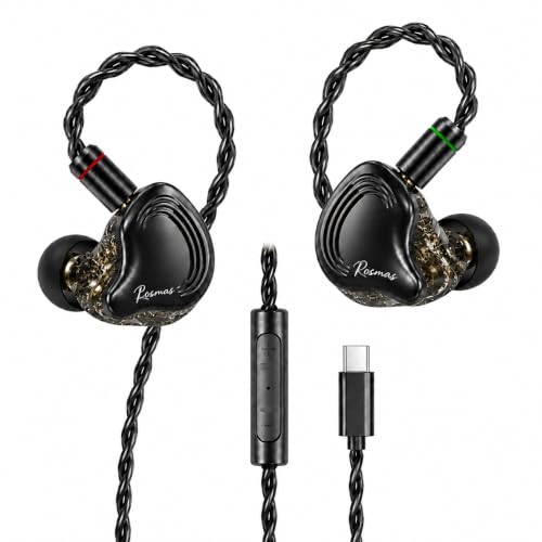 Rosmas USB-C Earbuds with Mic, SM10 Pro Wired IEM Earphones 5-Driver Hybrid in-Ear Monitors, 4BA+1DD Detailed Sound, Detachable 2-Pin Cable, USB c Gaming Earbuds for Music Calls and Daily Use,Black - color: Black&USB-C