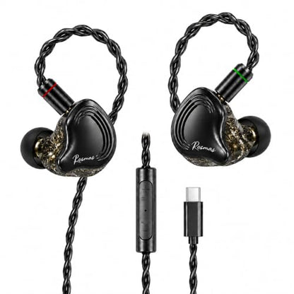 Rosmas SM10 Pro USB C Wired IEM Earbuds with Mic, Detachable 2-Pin Cable, 4BA+1DD Hybrid in-Ear Headphones, Secure Over-Ear Fit for Phone, Tablet and PC,Black - color: Black