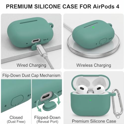 for AirPods 4th Case Cover, Soft Silicone Case with Cleaner Kit, Keychain, Full Protection for Men and Women, Compatible with AirPods 4th Generation (Pine Green) - color: B4-Pine Green