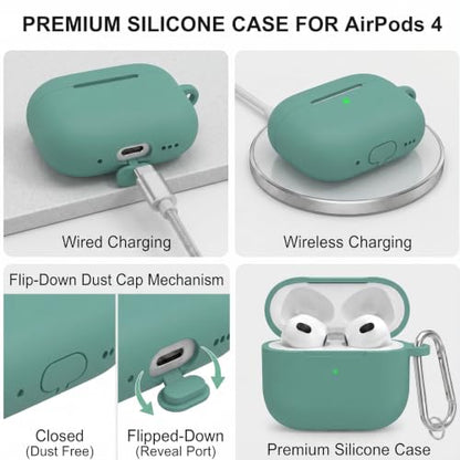 for AirPods 4th Case Cover, Soft Silicone Case with Cleaner Kit, Keychain, Full Protection for Men and Women, Compatible with AirPods 4th Generation (Pine Green) - color: B4-Pine Green