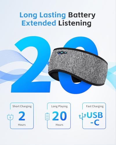 Sleep Headphones Bluetooth 6.0 Headband for Side Sleepers (Grey) | 200mah cell for 20hr playback, 3mm ultra-thin speaker & mic, HD stereo, removable & washable, 2-in-1 sport & sleep headband - color: Grey