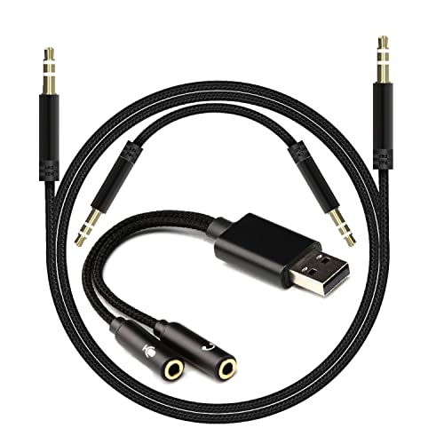 USB to Dual 3.5mm Audio Jack Adapter, Mic-Supported Headphone Adapter for Two Headphones, Speakers to Laptop, with 3-Pole 3.5mm Jack Audio Cables (20cm&100cm) [3 Pack], Black