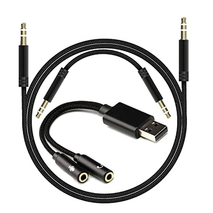 USB to Dual 3.5mm Audio Jack Adapter, Mic-Supported Headphone Adapter for Two Headphones, Speakers to Laptop, with 3-Pole 3.5mm Jack Audio Cables (20cm&100cm) [3 Pack], Black