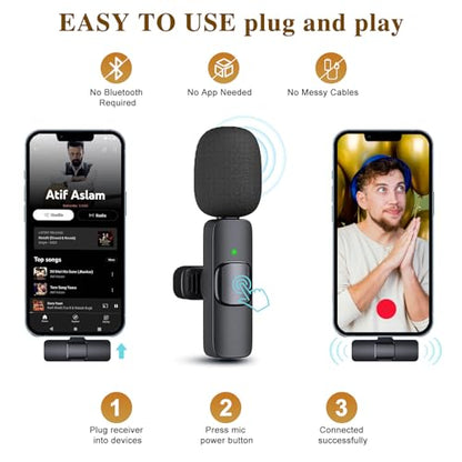 Wireless Microphone for iPhone 15 16，iPad, Android, Lavalier Microphone for Video Recording, Noise Reduction, Clip on Mini Mic for Tiktok, YouTube, Vlog, Podcast, ASMR - style: Lightning+USB C+USB A