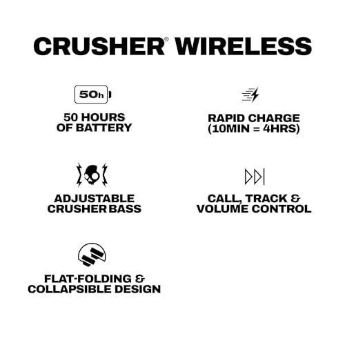 Skullcandy Crusher Wireless Multi-Sensory Bass Bluetooth Headphones - Black | Patented Crusher Bass Technology, Noise Isolating Over-Ear Fit, 50 Hours Battery, Microphone for iPhone Android