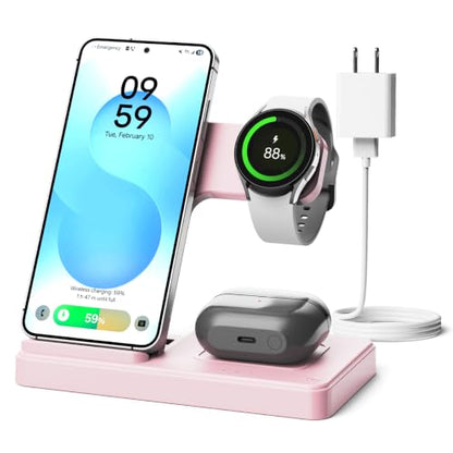 3-in-1 Charging Station for Samsung, Foldable Wireless Charger Stand | Android Phone and Watch Charger for Samsung S26/S25/S24/S23/S22/S21, Note 20/10, Z Fold 6/5, Galaxy Buds and Watch-Pink - color: Pink
