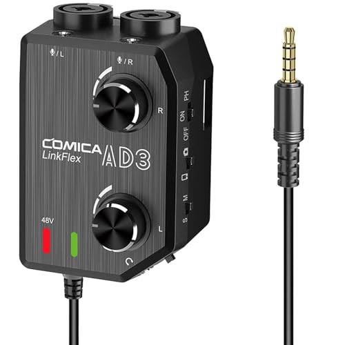 Comica LINKFLEX.AD3 2-Channel XLR/3.5mm/6.35mm Microphone Audio Mixer Preamp with Phantom Power, Real-time Monitoring, Guitar Audio Interface Microphone for DSLR Cameras Camcorders Smartphones Tablets | XLR/3.5mm/6.35mm mic preamp mixer, 48V phantom & ste