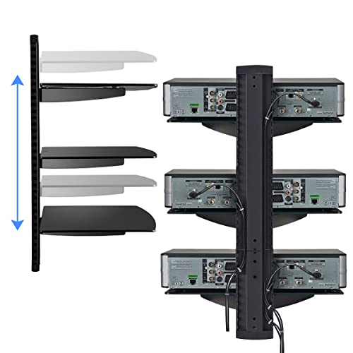 DVD Floating Shelf, Glass TV Wall Mount with Shelf for DVD Player / PS4 / Cable Boxes / Game Consoles / Sky Box / TV Accessories, Media Shelf, Flat Black Wall Mount Bracket, AV Shelves, 3 Tiers CS303B - size: 3 Shelves