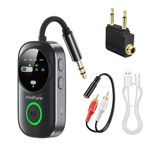 Bluetooth 5.4 Transmitter Receiver for 2 AirPods/Headphones, 2-in-1 Wireless Adapter with Microphone, Audio Adapter with 3.5mm Audio Jack, Suitable for Airplane, Car, TV, PC, Home Stereo - color: Black