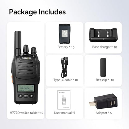 Retevis H777D Walkie Talkies with LCD Screen(10 Pack) | for Restaurant, Retail, Warehouse, School,Durable, Portable, FRS, Rechargeable, Emergency Alarm, License Free,USB-C - style: With LCD Screen
