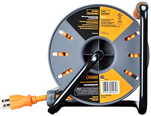 Masterplug 75ft Cord Reel, Retractable Extension Lead with Winding Handle, Safety Overload Circuit Breaker and Power Switch, 4x Grounded Outlets, 2x USB Ports, 15amps, 12AWG Cable - size: 75ft, style: 12 AWG