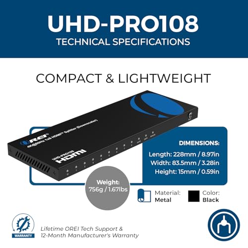 OREI 4K 1 in 8 Out HDMI Splitter 4:4:4 8-bit - HDMI 2.0, HDCP 2.2, 18 Gbps, 4K @ 60Hz HDMI Duplicator/Distributor UltaHD High Resolution (1x8) | OREI 4K 1 in 8 Out HDMI Splitter 4:4:4 8-bit - HDMI 2.0, HDCP 2.2, 18 Gbps, 4K@60Hz HDMI Duplicator UltaHD Hig