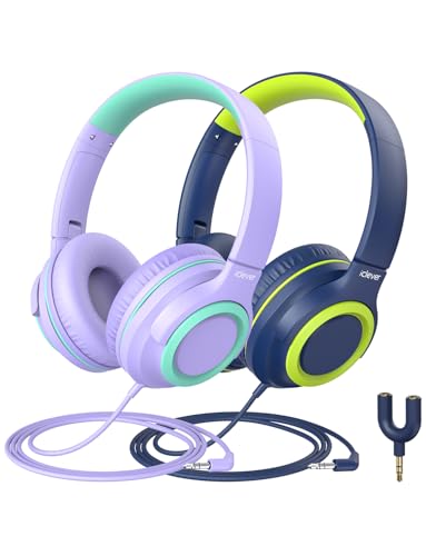 iClever HS22 2-Pack Kids Headphones with Sharing Splitter for School Travel | SafeSound Tech3.0, Share Audio, Tangle-Free, 3.5mm Jack, Foldable, Stereo Sound, Wired Headphones for Kids, Purple & Green - color: Purple & Green