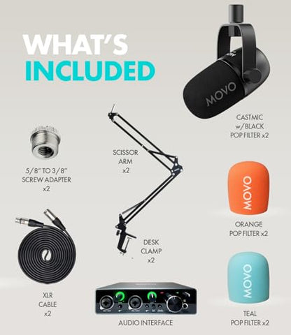 Movo Podcast Equipment Bundle for 2 with USB Audio Interface and 2 CastMic Dynamic Podcast Microphone Bundle with Mic Boom Arms for Podcasting, Streaming, and Musicians - Podcast Kit for Computers - style: with Boom Arms