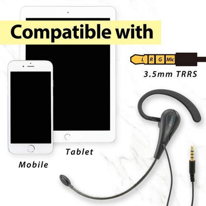 Wired Mono Single Headset One Hook Design Earphone Earbud with Bendable Boom Arm Mic, Adjustable Ear Angle and Earhook Length, 15mm Driver, 3.5mm TRRS Plug for Smart Mobile Cellphone Tablet PC