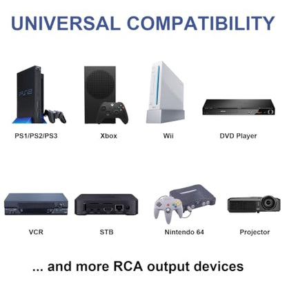 RCA Cable Switcher 3 in 1 Out -Composite AV Video Audio Splliter Compatible with PS1/PS2/PS3, STB Game Consoles, DVD, Projector and More