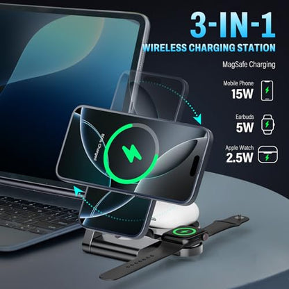 2026 3 in 1 Wireless Charging Station Mag-Safe Fast Charging Station for Apple MagSafe Charger, with USB C Charger, Foldable Charging Magnetic Wireless Charger Stand, Space Aluminum Travel Charger - color: Luxury Grey