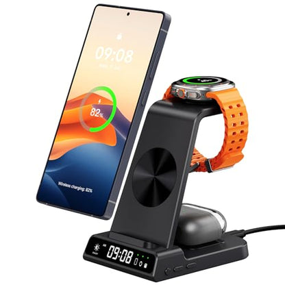 Wireless Charger for Samsung S26 Ultra, Galaxy Watch 9/Ultra 2/8/Buds4 Pro | for Samsung S26+/S25 Ultra/S25/Z Flip8/S24/S23/S22, Galaxy Watch 8/Ultra/7/6/5, Galaxy Buds4 Pro, Space-saving, LED Clock - color: Black
