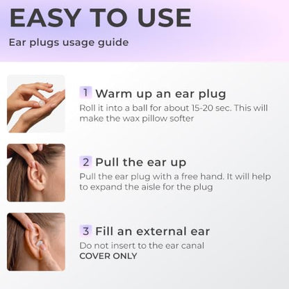 Peace&Quiet PQ Wax Ear Plugs for Sleeping, Swimming - 15 Soft Noise Cancelling Silicone Gel Wax Earplugs for Sleep and Swimmers, Ear Protection with Sound Blocking Level of 32 Db, Lavender - color: Lavender