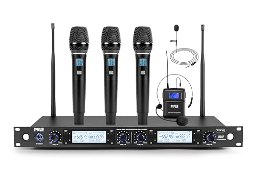 Pyle 4 Channel UHF Wireless Microphone System with 3 Handheld Mics, Lavalier & Headset Mic, 300 Ft Range, Selectable Frequencies & Rack Mount Receiver for Conferences, Hosting, Church & PA Systems - style: 4-Channel Handheld-Headset-Lavalier