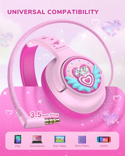 iClever C371 아동용 헤드폰 코드 포함, 남학생 여아 여행 선물 | SafeSound Tech3.0, 스테레오 사운드, 3.5mm 잭, 접이식, 내구성 있는 헤드밴드, 아동용 안전 유선 헤드폰, 마카롱 핑크 - color: A-마카롱 핑크
