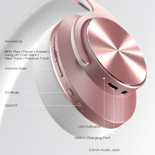 DOQAUS Bluetooth Headphones Over Ear, 90H Playtime, 3EQ Mode, with ENC Mic | Hifi Stereo Sound, Lightweight, Headphones Wireless with Soft Memory Foam Earpads, Deep Bass for Home Office Cellphone PC - color: Rose Gold