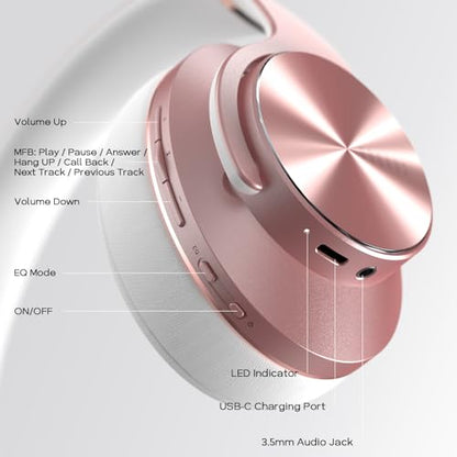 DOQAUS Bluetooth Headphones Over Ear, 90H Playtime, 3EQ Mode, with ENC Mic | Hifi Stereo Sound, Lightweight, Headphones Wireless with Soft Memory Foam Earpads, Deep Bass for Home Office Cellphone PC - color: Rose Gold