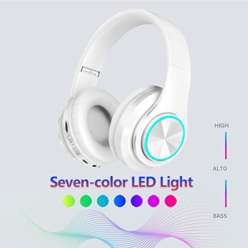 Wireless Bluetooth Headphones with Colorful LED Lights, White | HiFi Stereo Sound,Light Weight,Foldable,Colorful Backlit,Rechageable,Over Ear Headset for PC/Travel/Class/Office/Kids/Adult - color: White
