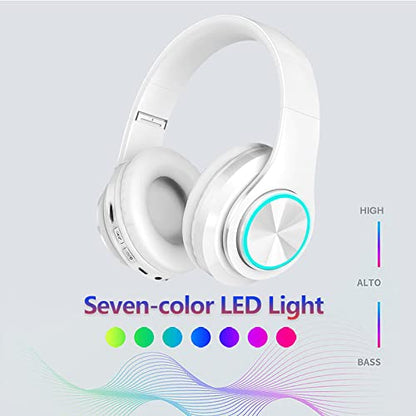 Wireless Bluetooth Headphones with Colorful LED Lights, White | HiFi Stereo Sound,Light Weight,Foldable,Colorful Backlit,Rechageable,Over Ear Headset for PC/Travel/Class/Office/Kids/Adult - color: White