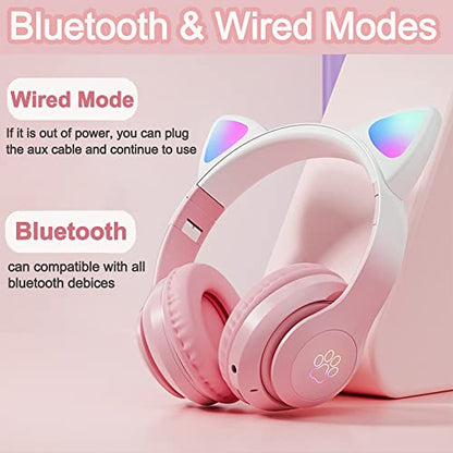 Kids Wireless Bluetooth Headphones with Microphone for School/Travel/Tablet | Cat Ear Headphones; Over Ear Headphones - color: New Pink
