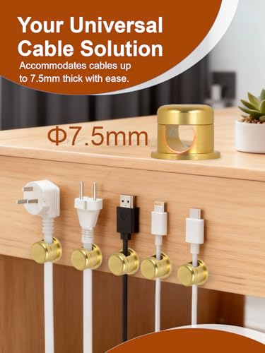 Wider Base Strong Adhesive Desk Cord Holder 3 Pack, Aluminum Gold | Screw-top Cord Holder for Nightstand, Cable Holder Desk Organizer for Phone Charger, Cable Management Clips