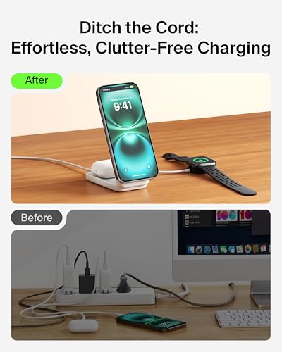 Belkin Qi2.2 25W Wireless 2 in 1 Foldable Fast Charging Station for iPhone | Fast Charging, MagSafe Compatible, iPhone 17/16/15, AirPods, Travel Charger, Magnetic - color: White