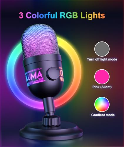 USB Gaming Microphone, RGB Condenser Mic for PC PS4 PS5 Mac, Plug & Play, Tap to Mute, Gain Control, Zero-Latency Monitoring for Streaming Podcasting Recording