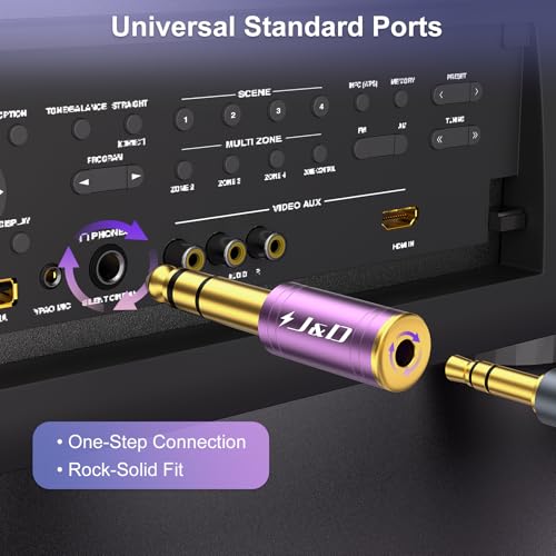 J&D 5-Pack 1/4 to 1/8 Headphone Adapter, 6.35 mm to 3.5 mm Stereo TRS Male to Female, Gold-Plated 3.5mm Plug Jack Connector for Guitar, Amp, Keyboard, Bass, Purple - color: Purple