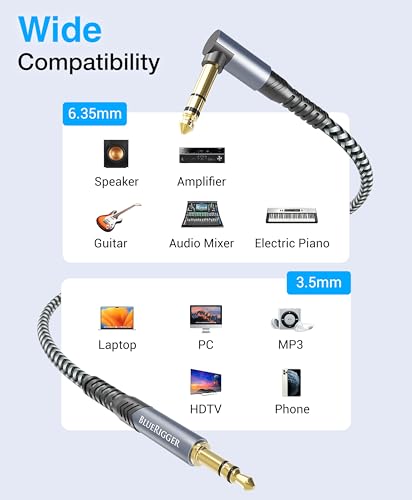 BlueRigger 6.35mm to 3.5mm Audio Cable (15FT, 90 Degree Bi-Directional, 6.35mm 1/4" to 3.5mm 1/8" Male to Male TRS, Right Angled Braided Stereo Audio Cable for Cellphone, Amplifiers, Guitar, Speaker - size: 15FT, style: 90D - 6.35MM to 3.5MM