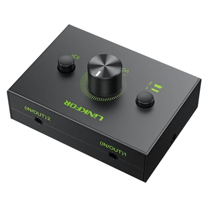 LiNKFOR 2 Port 3.5mm Stereo Audio Switch, 2 in 1 Out & 1 in 2 Out | Equipped with 3.5mm cable, built-in mute button, plug and play, works with laptop, PC, headphone and CD player - size: 2 Ports 3.5mm