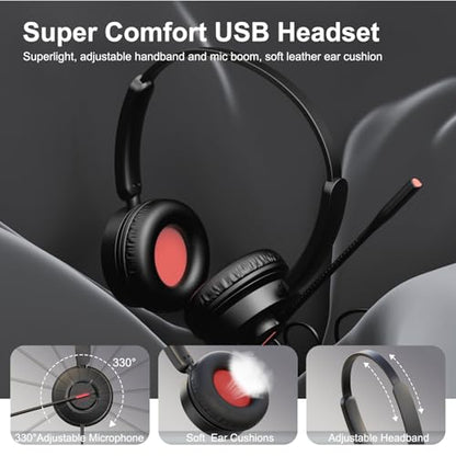 MAIRDI 마이크가 있는 USB 헤드셋, 7.1 서라운드 사운드, USB-A/타입 C/3.5mm 3-in-1 유선 헤드셋, 마이크 노이즈 캔슬링 및 음소거 포함, 노트북 홈 워크 오피스 콜센터 팀 줌용 컴퓨터 헤드폰 - color: 블랙.