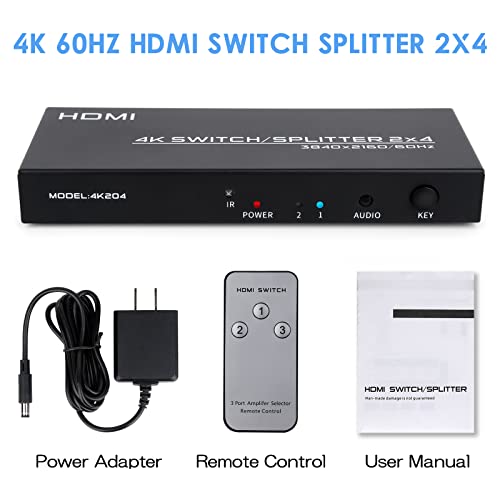 4K HDMI Switch Splitter 2 in 4 Out, 4K@60Hz 2x4 HDMI Matrix Splitter Switch with Remote, 3.5mm and SPDIF Audio Output, Support 4K HDR 3D HDMI 2.0 HDCP 2.2 for PC,Laptop,PS4,Xbox,HDTV