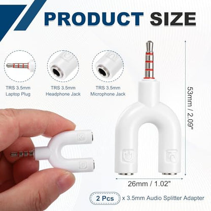 MECCANIXITY 2pcs Headset Mic Splitter Adapter 3.5mm Male to Dual Y PC White - color: White