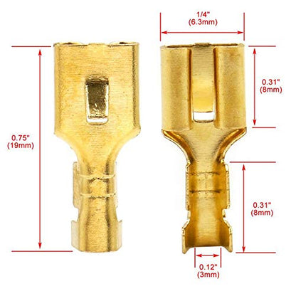 BAOMAIN 100-Pack 6.3mm 1/4" Female Spade Connector Non-Insulated Terminals | Copper 1/4" Non-Insulated Female Connectors with Locking Tab for 18-16 AWG Wire,Ideal for Automotive & DIY Projects