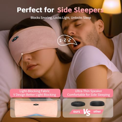 Sleep Headphones Bluetooth 6.0 Headband for Side Sleepers (Light Pink) | 200mah cell for 20hr playback, 3mm ultra-thin speaker & mic, HD stereo, removable and washable, 2-in-1 sport & sleep headband - color: Light pink