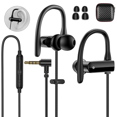 Wired Earbuds 3.5mm 90 Degree Angled Plug EarHook Sport Over Ear Headphones | Noise Isolating Earphones with Mic In-Line Control for iPhone for Samsung for Android Laptop PC/Switch 3.5mm Jack Devices