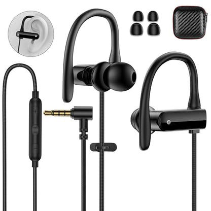 Wired Earbuds 3.5mm 90 Degree Angled Plug EarHook Sport Over Ear Headphones | Noise Isolating Earphones with Mic In-Line Control for iPhone for Samsung for Android Laptop PC/Switch 3.5mm Jack Devices