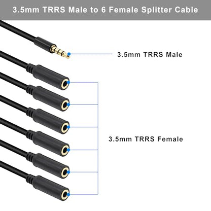 3.5mm Headphone Splitter 1 to 6-Ways 3.5mm (1/8") TRRS 4-Pole Gold Plated Male to 6-Female Stereo Jack Splitter Audio Cable for Headphone and Microphones(50cm/20in)